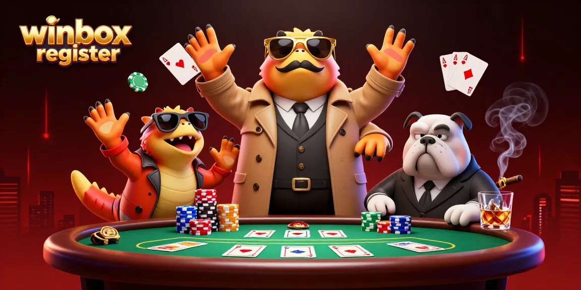 Enjoy the action at Winbox register with lively raptors and a bouncer in a bold, engaging casino scene.