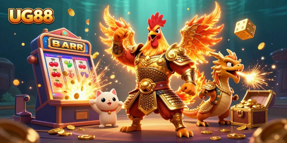 Experience thrilling gameplay at UG88 with vibrant slot machines, colorful characters, and explosive jackpots.