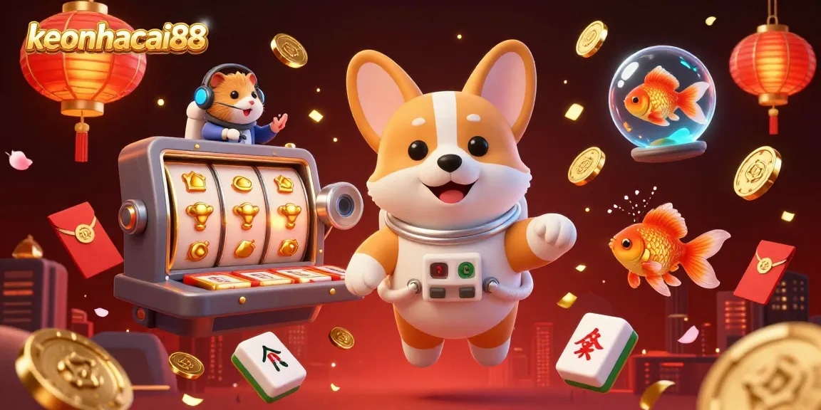 Experience the excitement of keonhacai88 with a vibrant, dynamic casino scene featuring a floating astronaut corgi.