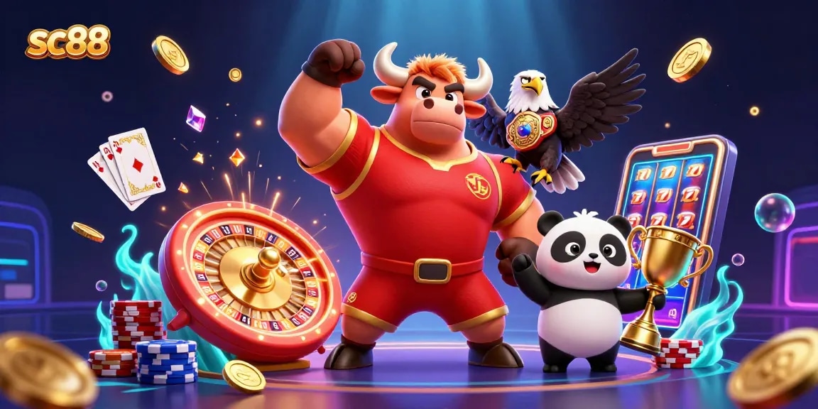 Experience thrilling wins with the sc88 casino featuring a bull mascot, eagle, and panda.