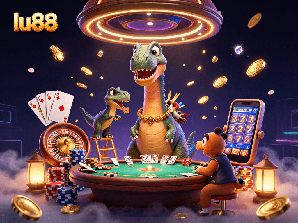 Play exciting games at lu88, featuring a vibrant 3D casino scene with dinosaurs and dynamic elements.