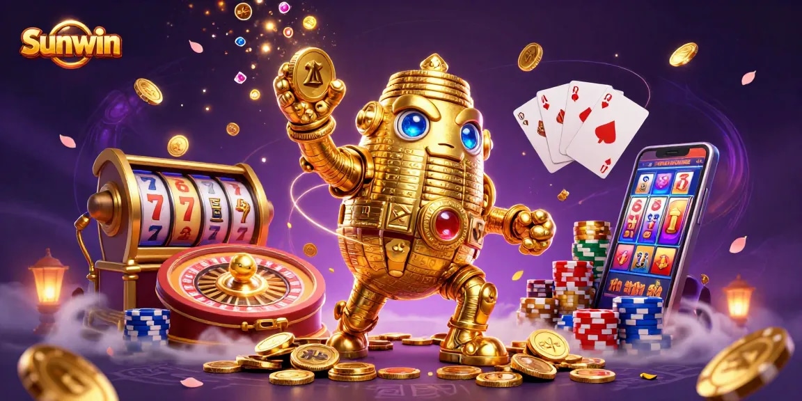 Engage in the dynamic Sunwin casino experience featuring a golden golem and vibrant slot games.