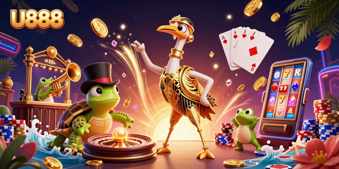 Engaging U888 casino illustration with unique characters and vibrant gaming elements.