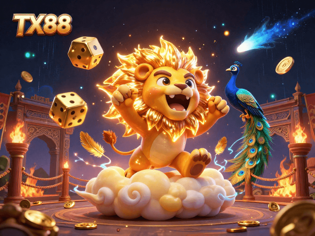 Experience the excitement of TX88 with a vibrant 3D illustration of a roaring sun lion amidst dynamic betting elements.