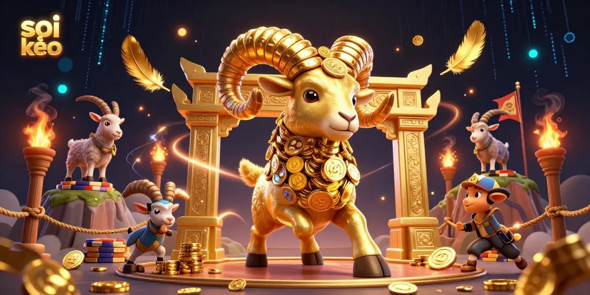 Soi kèo sports betting scene with a powerful golden ram charging towards bettors in an exciting arena.