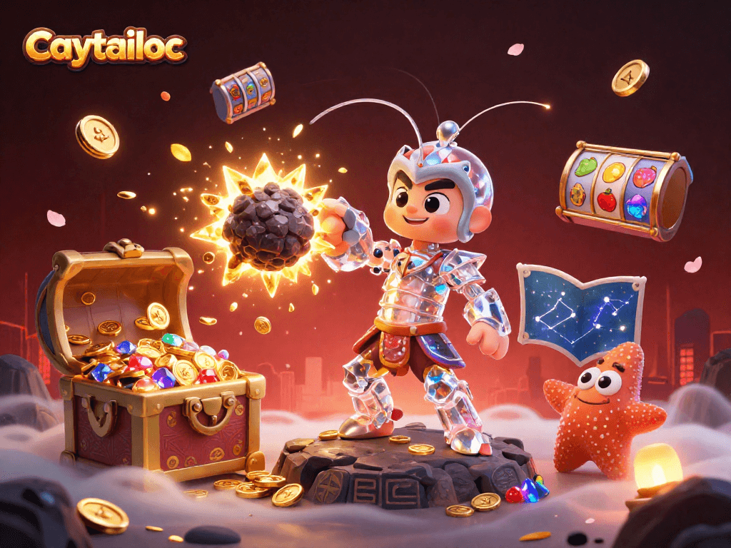 Caytailoc slot game illustration featuring a cosmic samurai and vibrant treasures amidst dynamic gaming elements.