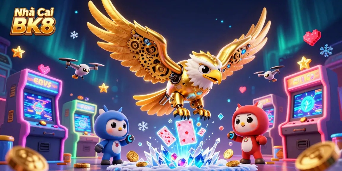 Engage in exciting gameplay at Nhà Cái BK8 with vibrant 3D illustrations featuring golden eagle and dynamic casino elements.