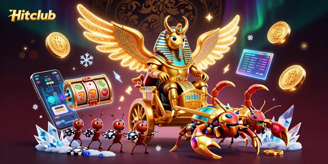Engage with Hitclub by winning big at the colorful online slots depicted in this dynamic casino scene.