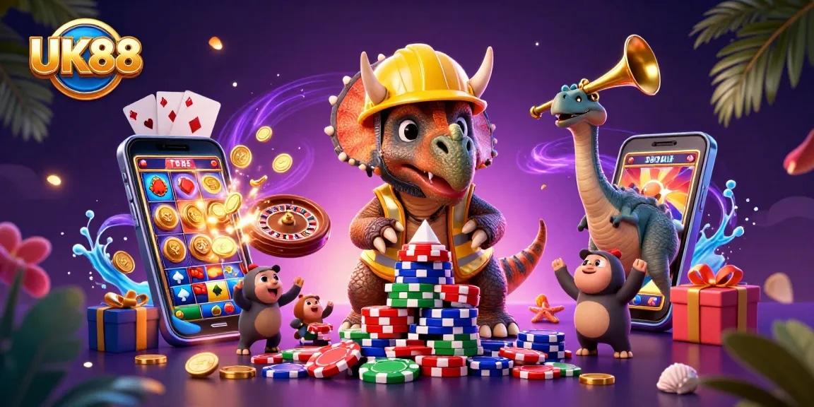 Cheerful characters promote UK88 online casino with poker chips and slot games.