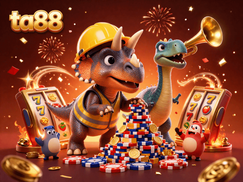 Celebrate jackpots at ta88 with a triceratops building poker chips in an exciting casino scene.