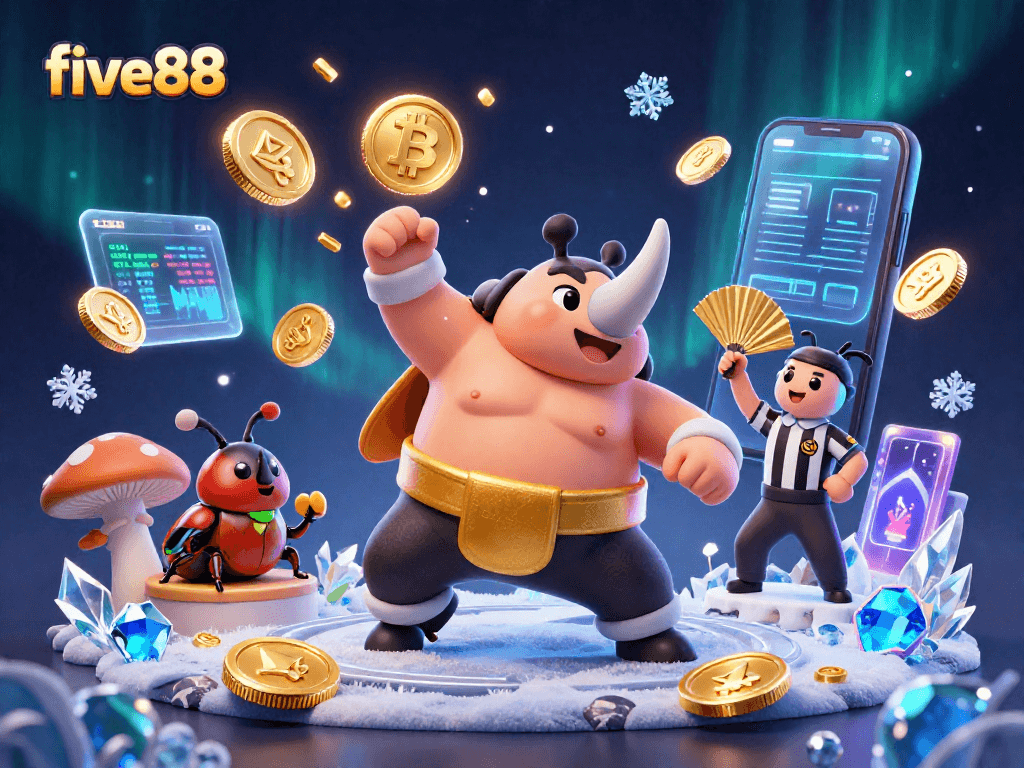Experience thrilling action at five88 with a cartoon rhinoceros beetle champion amidst flying coins and crypto elements.