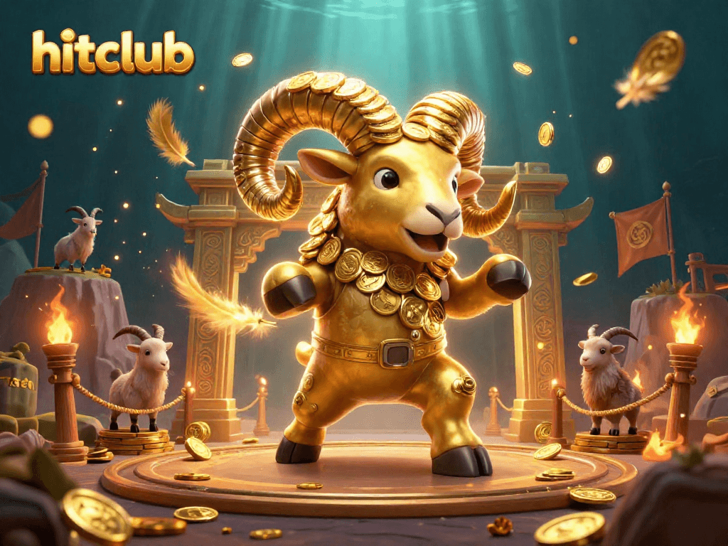 Hitclub showcases a golden ram charging through a mystical casino arena filled with gold coins and betting tokens.