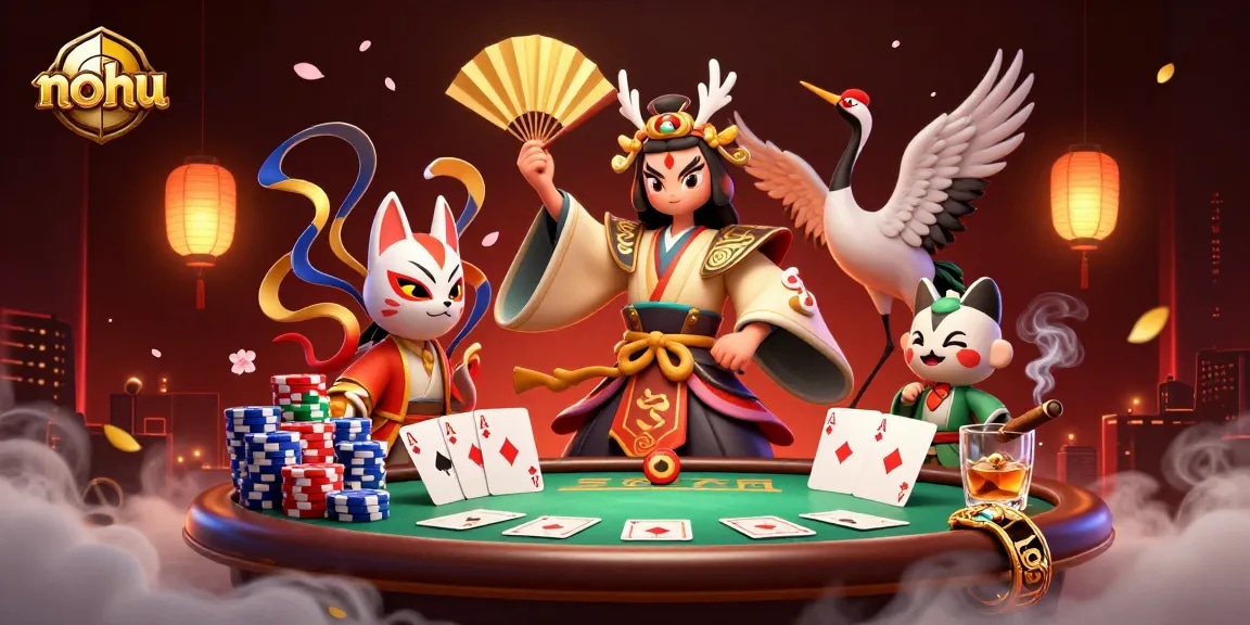 Nohu rooftop casino illustration showcases a kabuki warrior and kitsune mask with vibrant poker elements.