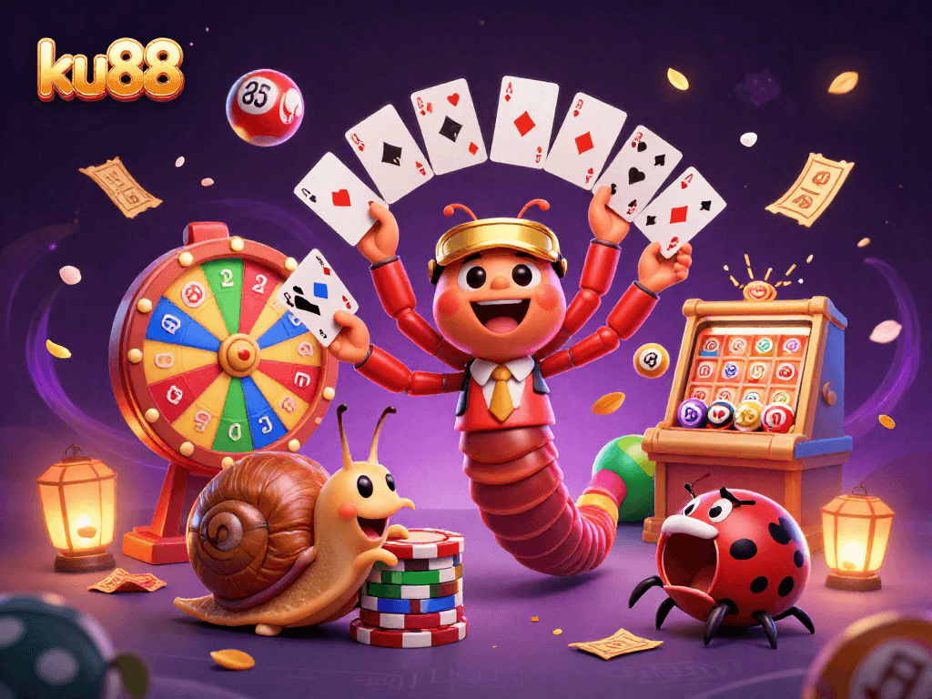 Join the excitement at ku88 with a vibrant 3D cartoon scene of casino characters and games.
