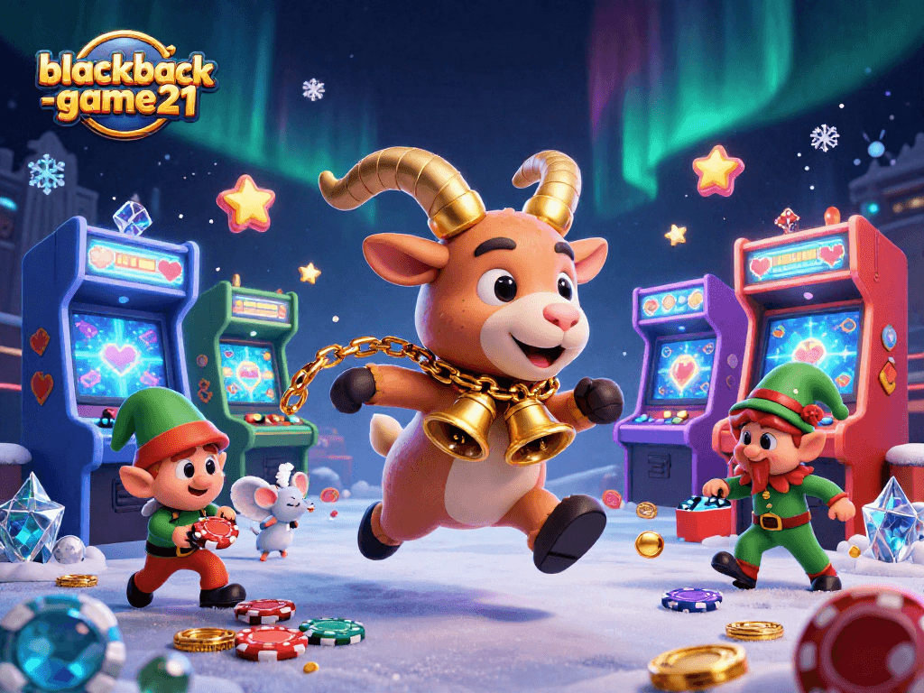 Experience the excitement of blackjack-game21 with a playful Krampus, an angel mouse, and elf gremlins in a colorful casino.