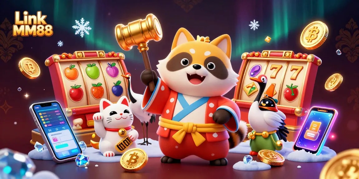 Spin to win at Link MM88 with vibrant slots and joyful characters in a lively casino scene.