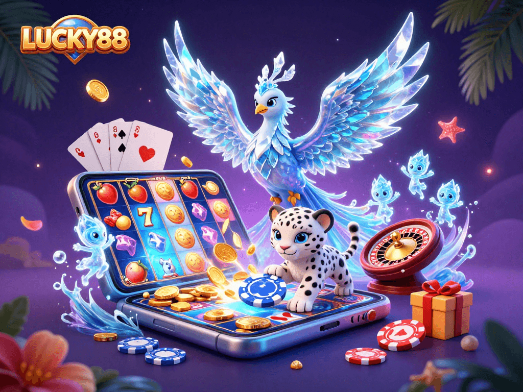 LUCKY88 showcases an ice phoenix and snow leopard in a vibrant casino realm filled with slot games and poker chips.