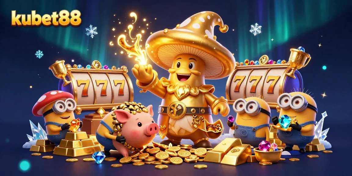 Engage in thrilling slot games with kubet88 as golden treasures burst forth in this dynamic illustration.