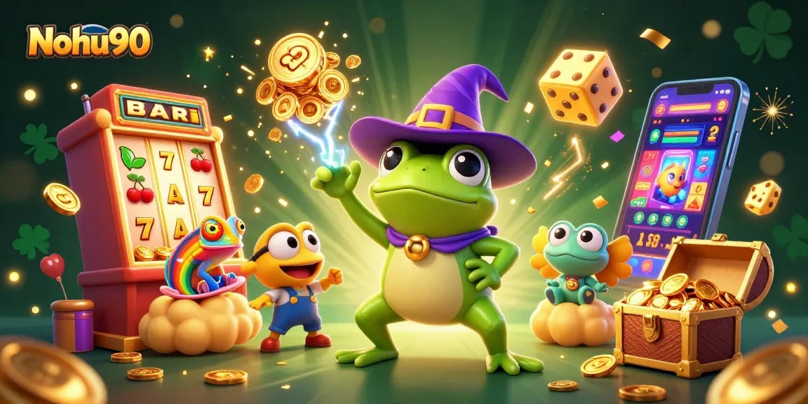 Nohu90 players spin slot machines and win golden coins in a vibrant casino scene.