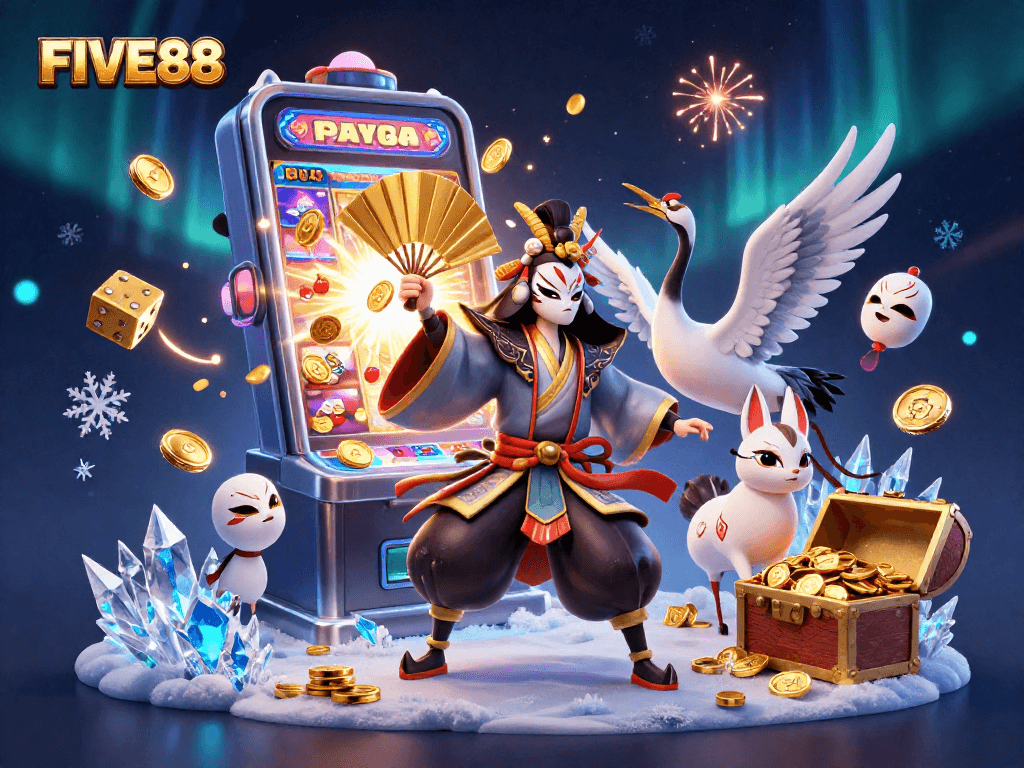 Engage in thrilling gambling at FIVE88 with kabuki warrior and kitsune, amidst vibrant casino elements.