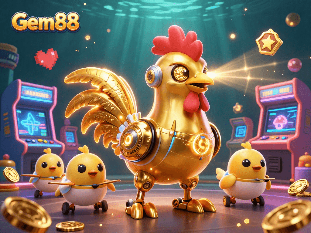 Engage with Gem88's vibrant arcade-themed casino universe featuring a golden rooster robot and chick drones.