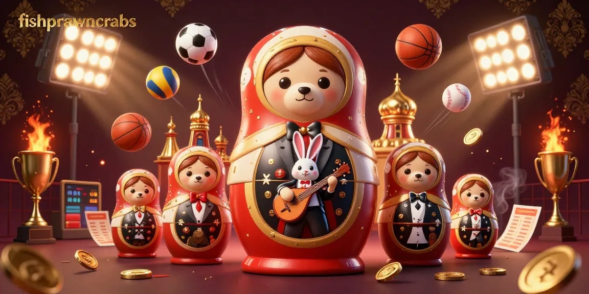 Experience the excitement of fishprawncrabs with a vibrant 3D casino scene featuring bears and sports action.