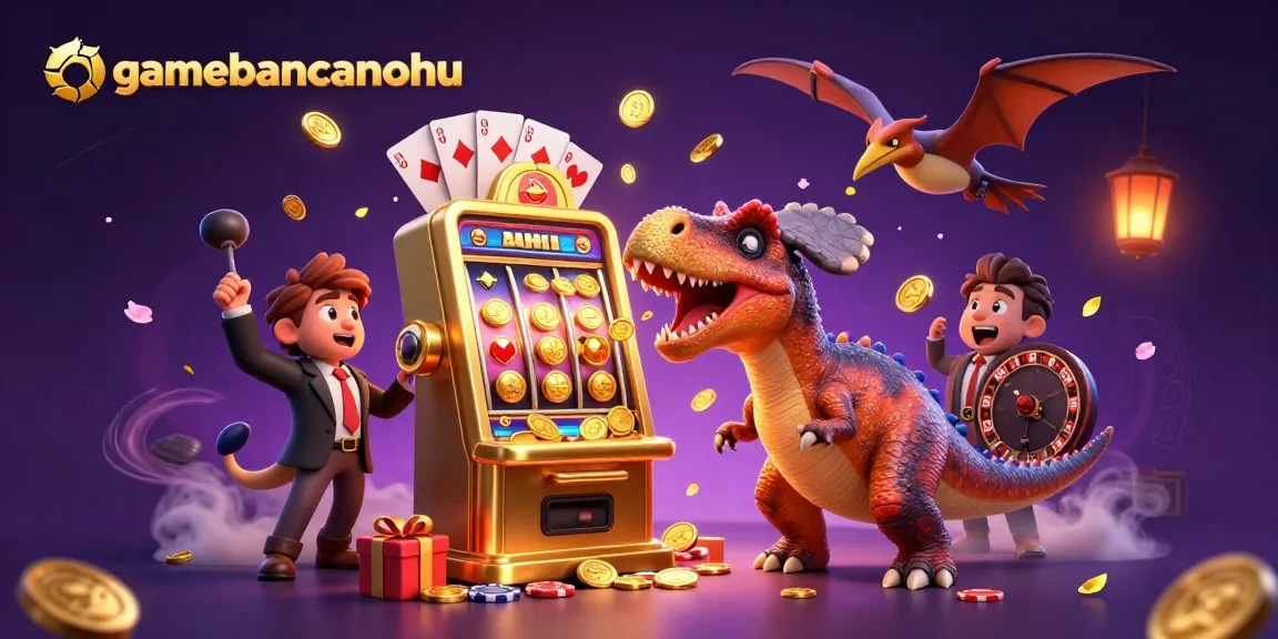 gamebancanohu showcases a lively 3D scene of animated dinosaurs interacting with a golden slot machine amidst vibrant casino elements.