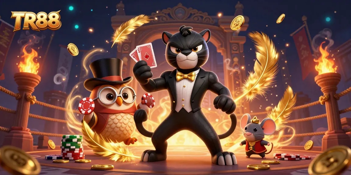 TR88 offers an exciting gaming experience with a stylized scene featuring a black panther dealer, owl, and mouse amidst vibrant casino elements.