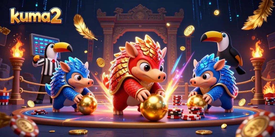 Experience the excitement of kuma2 as pangolins roll golden balls and chips in a vibrant casino scene.
