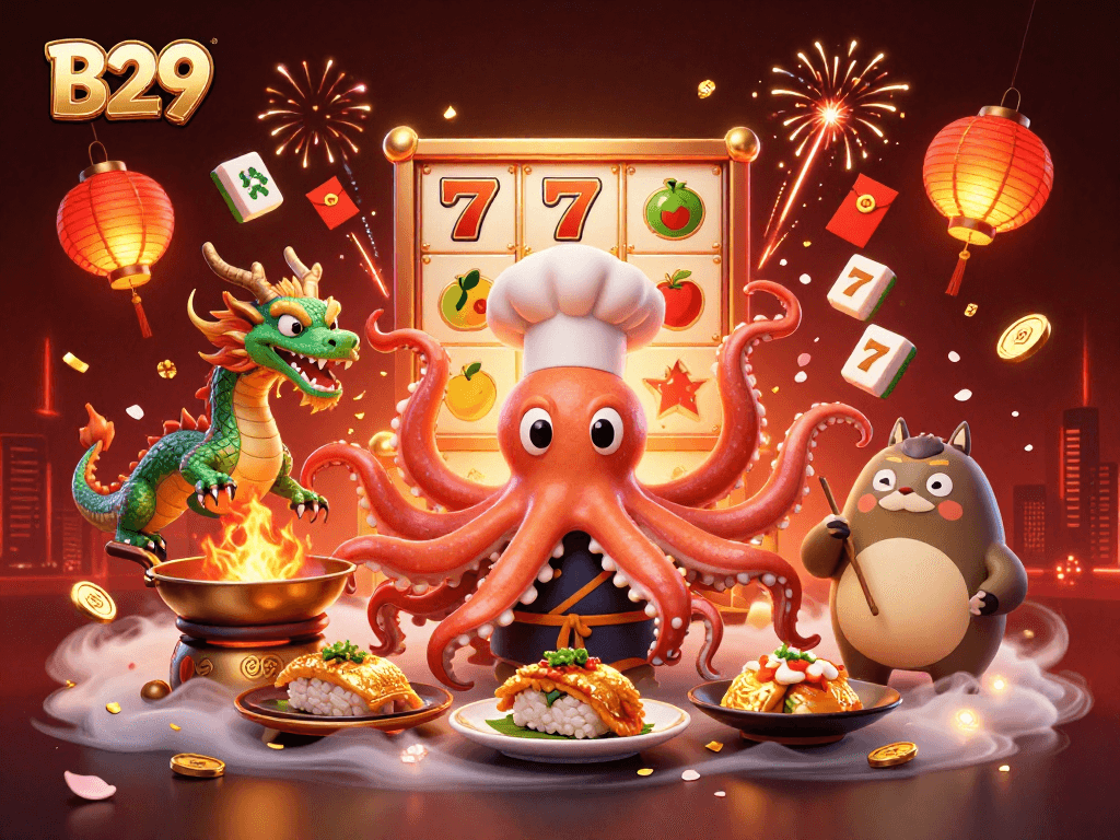 Experience the thrill of B29 with a lively scene of a sushi chef octopus, a dragon, and a tanuki at a vibrant online casino.