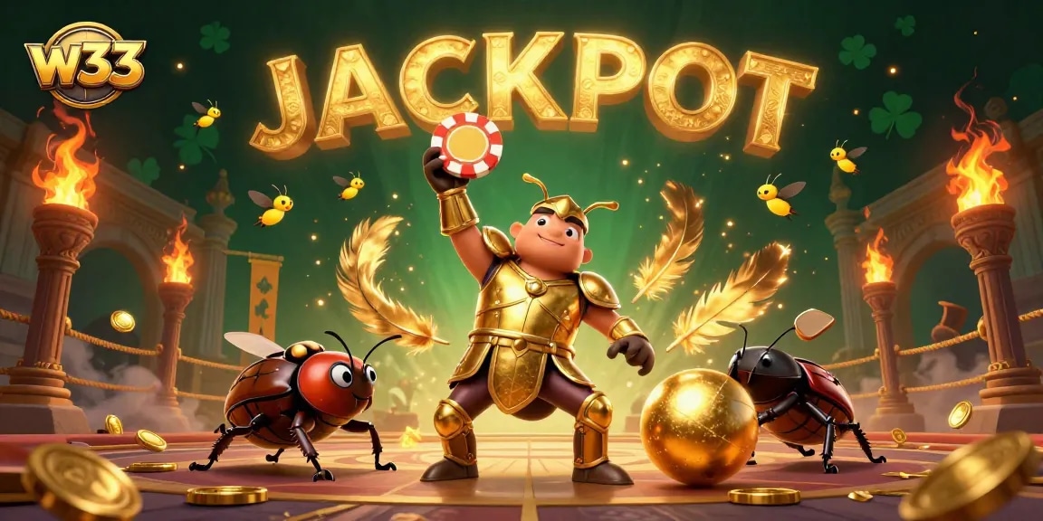 w33 brings you a thrilling victory scene with a hercules beetle lifting a poker chip amidst golden casino elements.