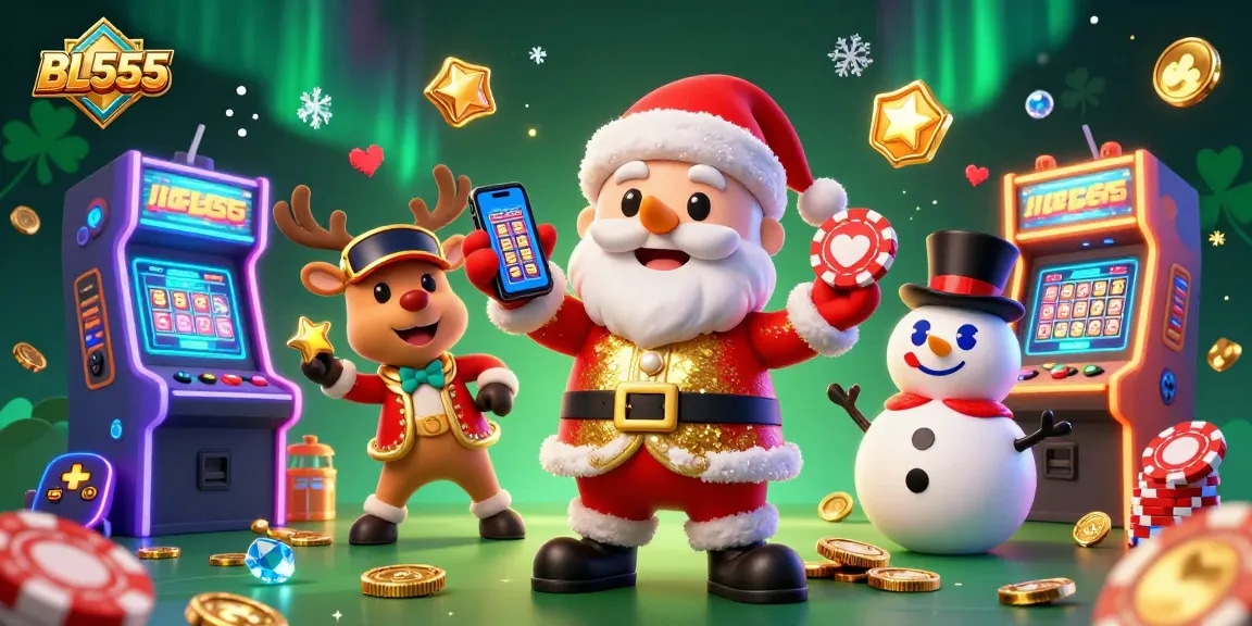 Immerse in BL555's jackpot excitement with cartoon Santa, reindeer dealer, and a chip-top hat snowman.