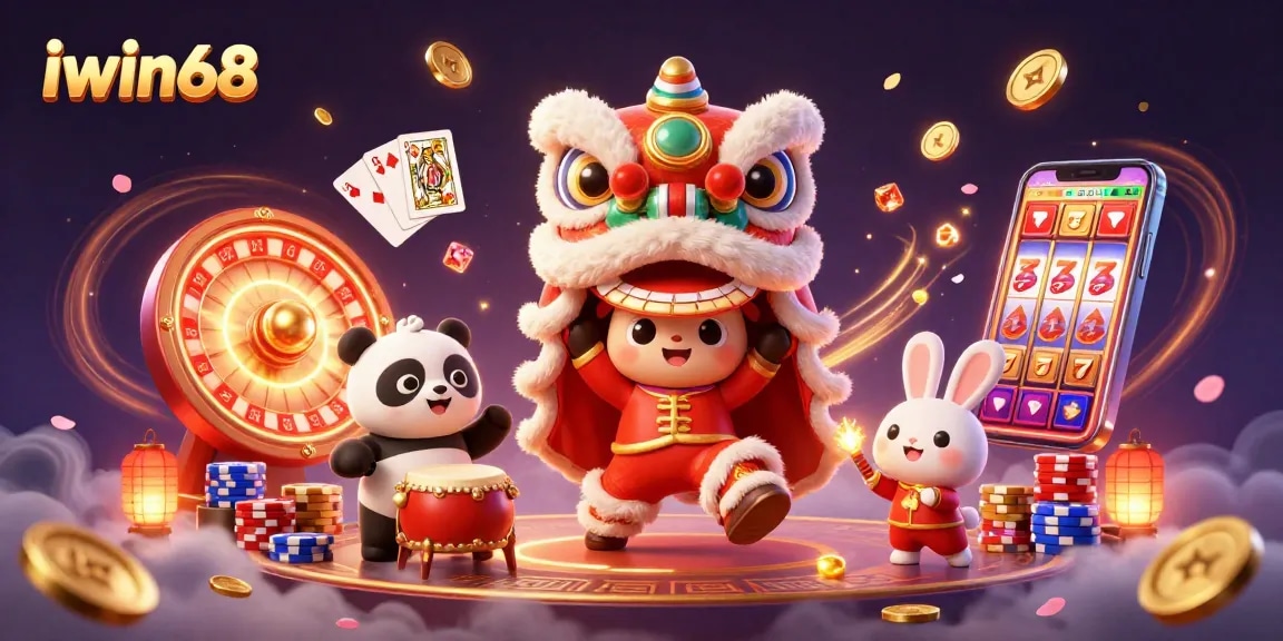 Spin to win at iwin68 with festive characters and dazzling casino elements in a vibrant scene.