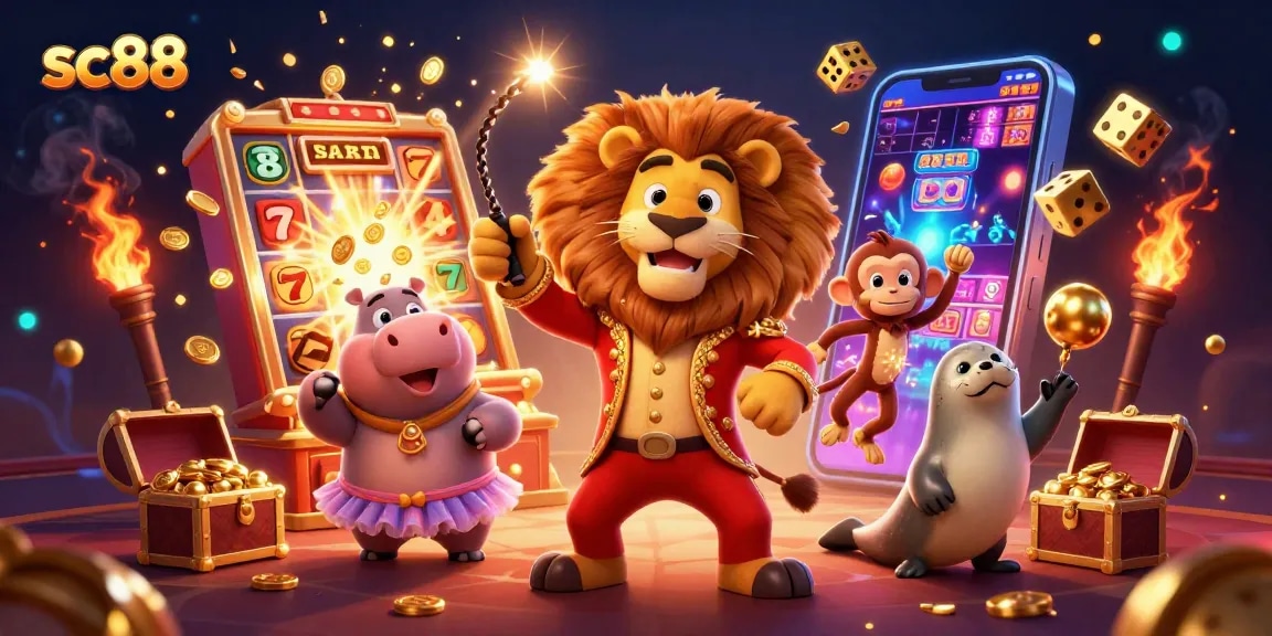 Spin to win at sc88 with vibrant scenes of colorful slot machines and circus characters.