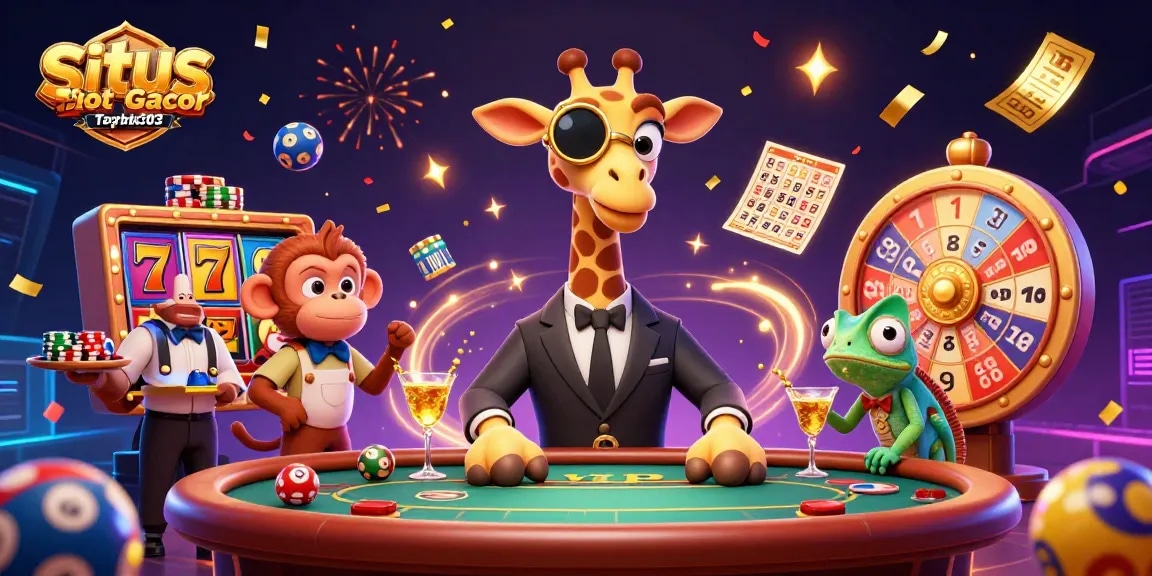 Situs Slot Gacor Terbaik Lapak303 showcases a vibrant 3D casino scene with dynamic elements, celebrating gaming excitement.