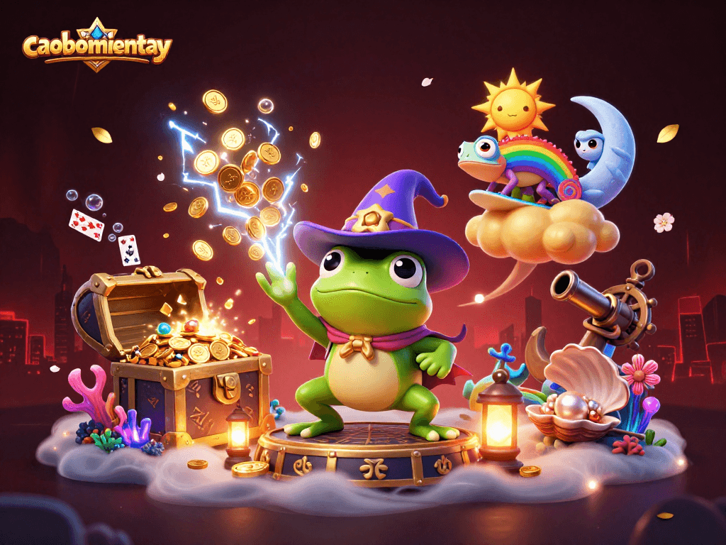 Experience the thrill of caoboimientay as characters summon gold coins and gamble in a vibrant, dynamic scene.