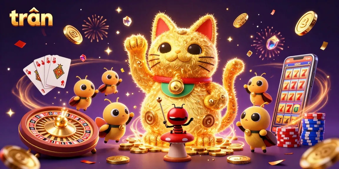 Engage with trần as golden fireflies dance, showcasing vibrant casino symbols amidst dynamic gaming action.