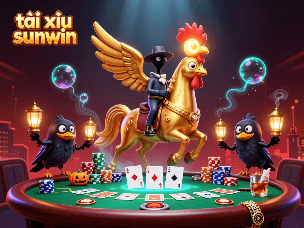 Experience the thrill of tài xỉu sunwin in this vibrant casino scene featuring a golden rooster and poker elements.