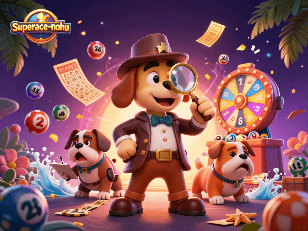 Engaging scene of superace-nohu with a detective and bulldog uncovering golden poker chips amidst vibrant casino elements.