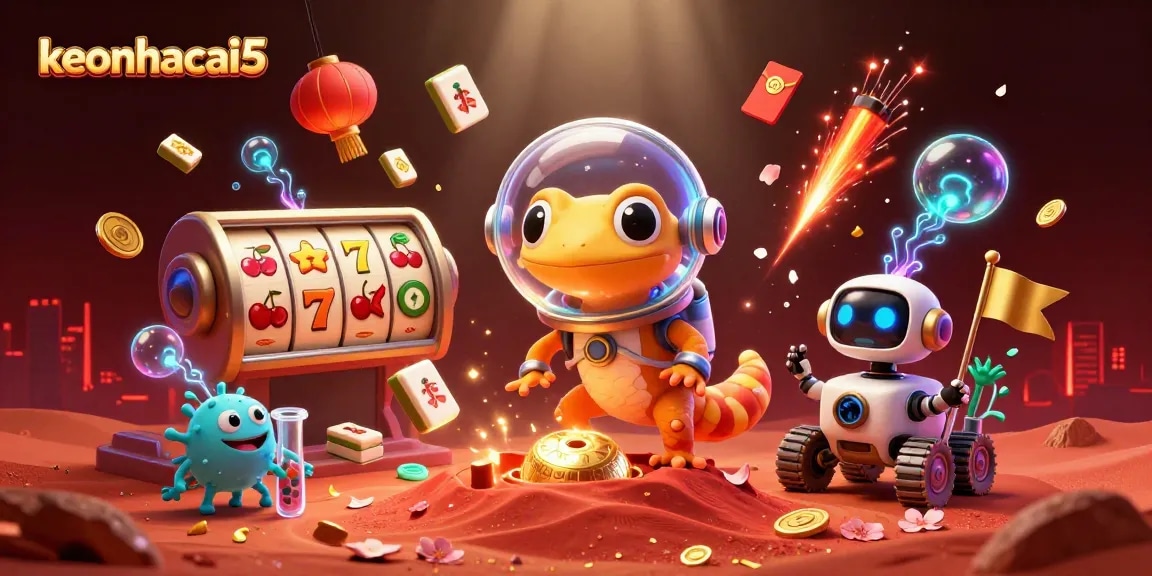 Join the Martian gecko in a golden casino discovery with keonhacai5 in vibrant 3D digital art.
