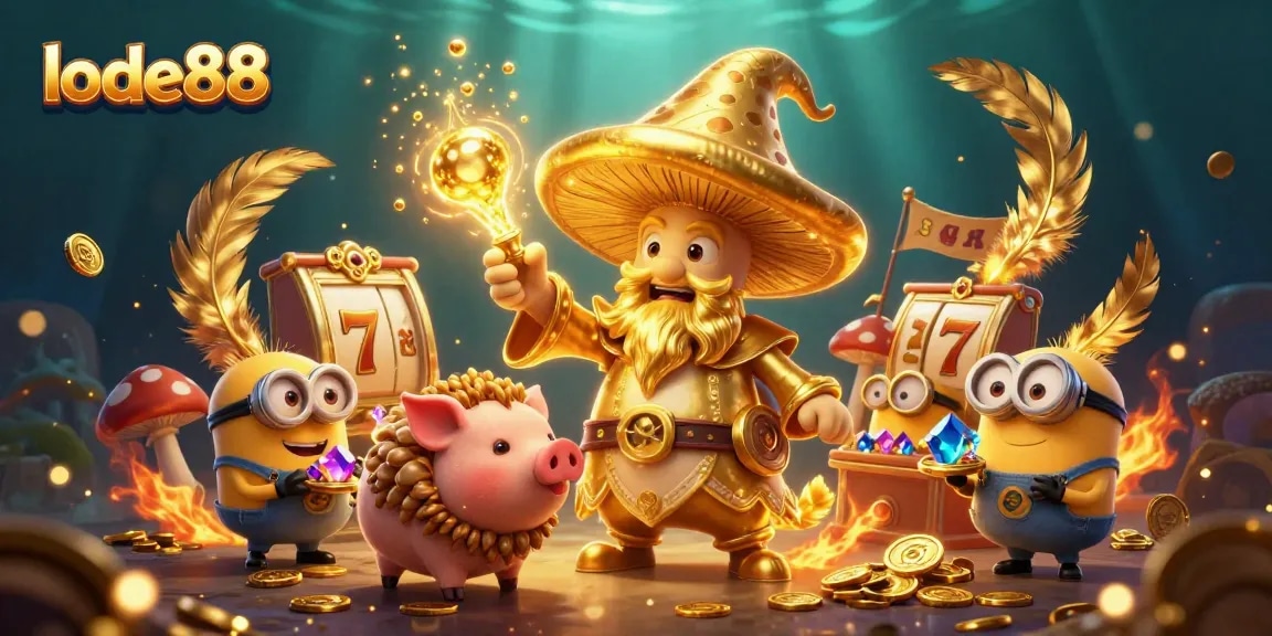 Join the magic of lode88 with a wizard, pig, and jewels in a dynamic casino scene.