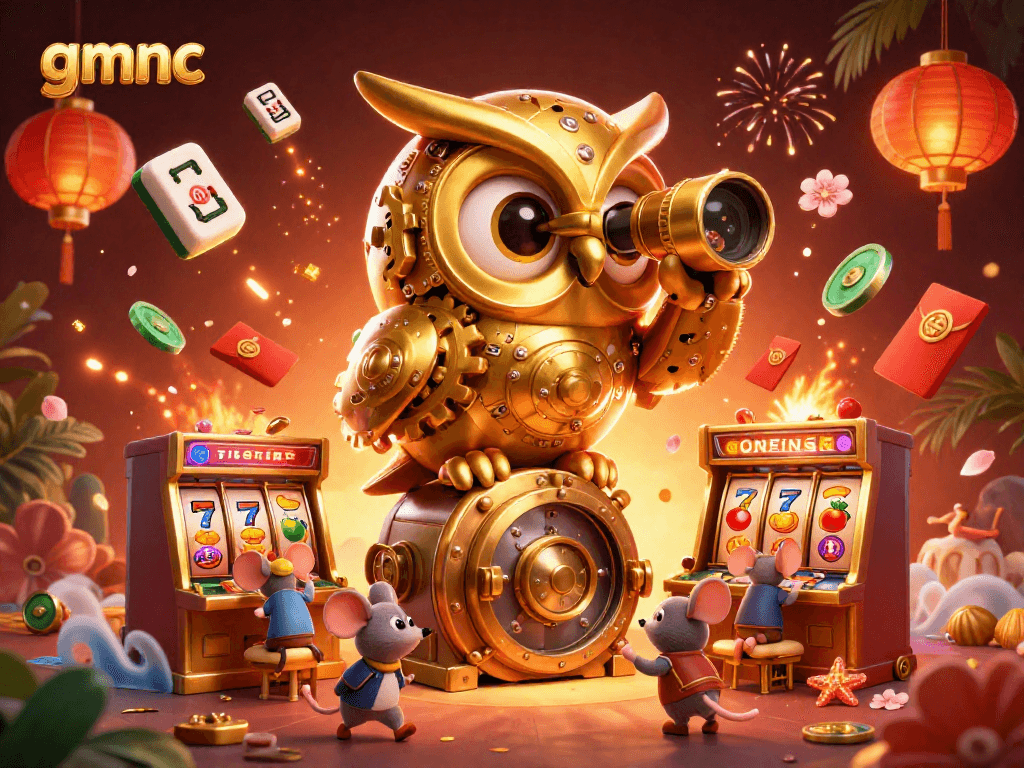 Experience gmnc’s vibrant casino scene featuring a clockwork owl and lively game elements.