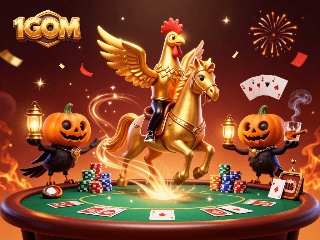 1GOM brings excitement as golden rooster rides through a vibrant casino scene.