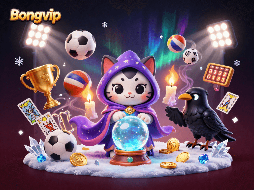 Bongvip offers exciting betting experiences with a mystic cat fortune teller, glowing elements, and vibrant sports action