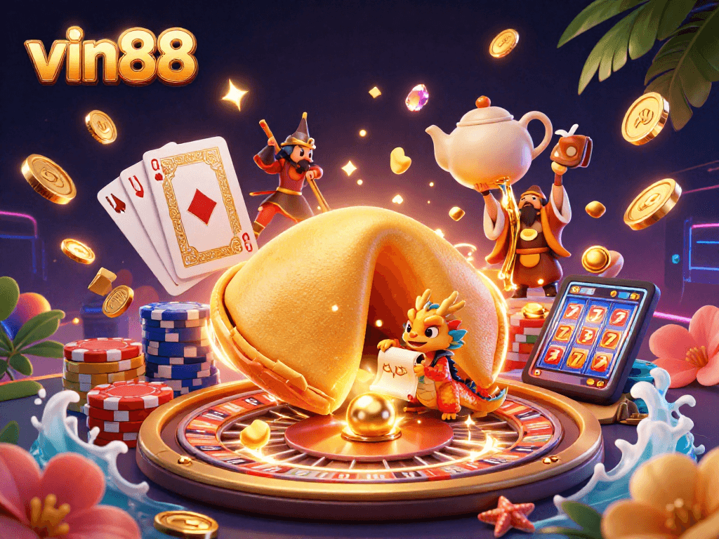 Win big at vin88 with stunning 3D gaming elements, golden treasures, and vibrant casino atmosphere.