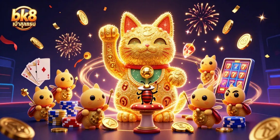 Win big with bk8 เข้าสู่ระบบ featuring a lucky cat and casino elements in a vibrant scene.