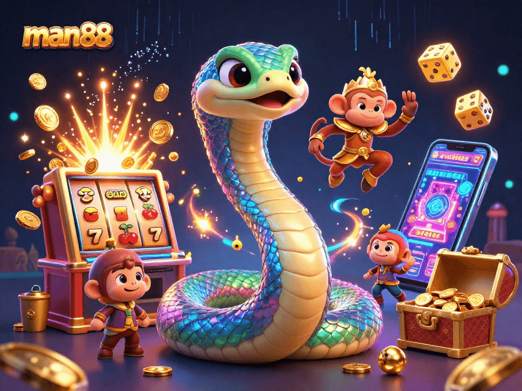 Experience the thrill at man88 with vibrant 3D casino illustration showcasing jackpot excitement.
