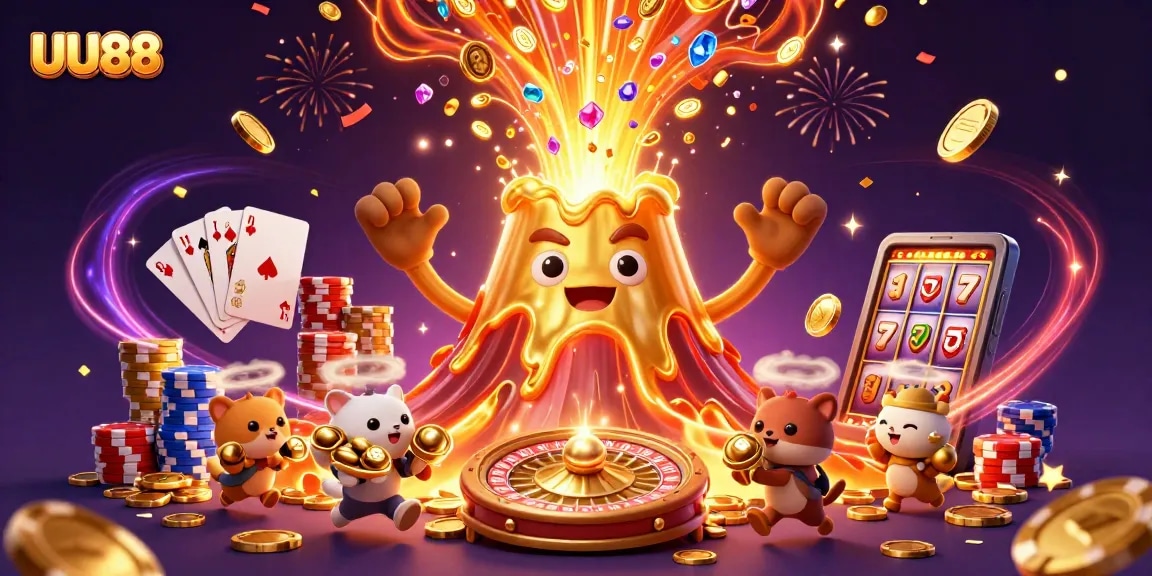 Experience the excitement of UU88 with animated gold coins and enchanting treasures bursting from a triumphant volcano.