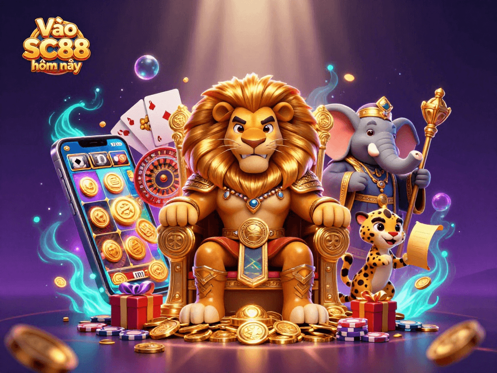 Engage with vibrant casino excitement at Vào SC88 hôm nay featuring a fierce lion king and dynamic gaming elements.