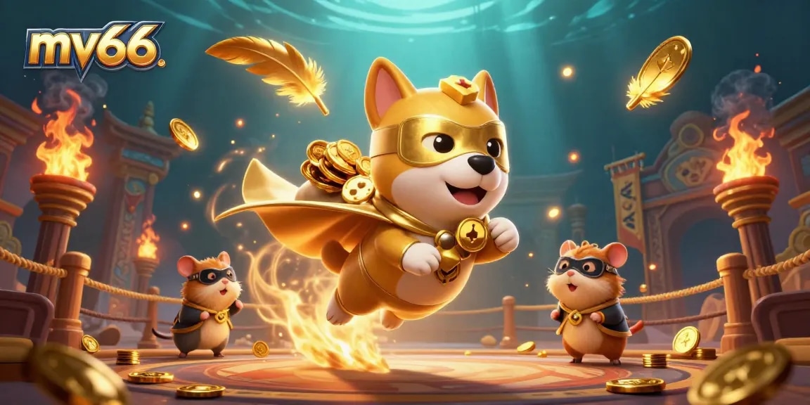 Experience thrilling mv66 action with a superhero dog flying through a vibrant casino scene.